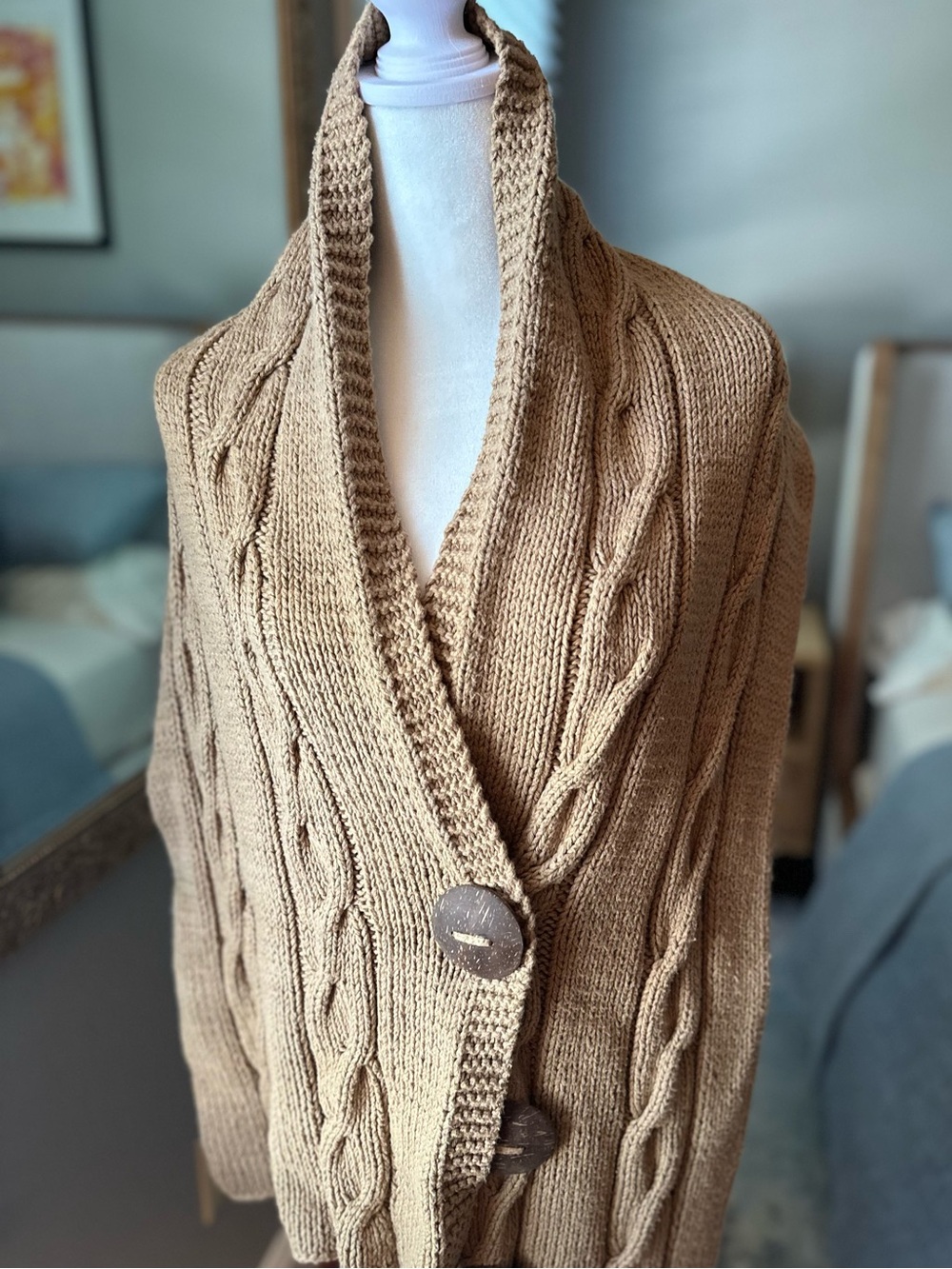 Cozy Cable Knit Shawl Collar wrap - Camel